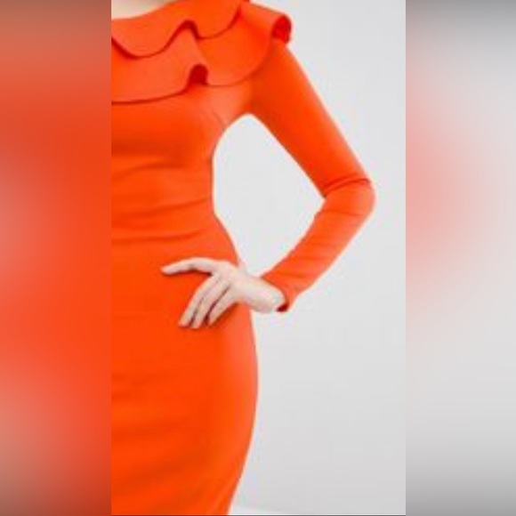 NWT ORANGE ASOS CLUB L LONDON ONE SHOULDER  FRILL MIDI DRESS  L/16 - Picture 4 of 6